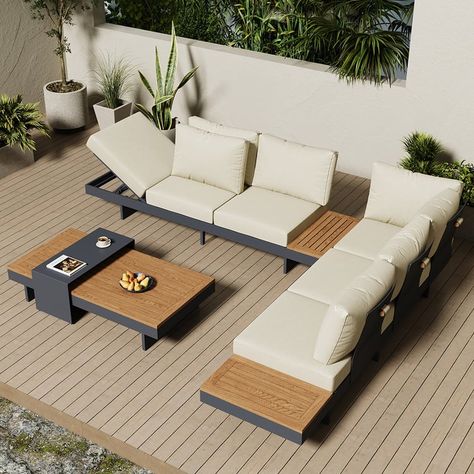 4 Pieces Modern L Shape Outdoor Sectional Sofa Set with Wood Coffee Table in Gray Sala Exterior, Screened Deck, Inspiration Deco, Contemporary Sectional, Patio Couch, Modern Sofa Set, U Shaped Sofa, Outdoor Sofa Sets, Outdoor Couch