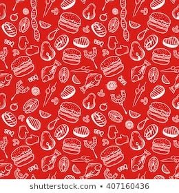 Barbecue and grill seamless pattern. Vector illustrations on red background. Pattern for restaurant menus, web, and print. Red Food Background, Spicy Background, Food Spicy, Pastel Red, Food Backgrounds, Texture Vector, Red Food, Seamless Textures, Seamless Background