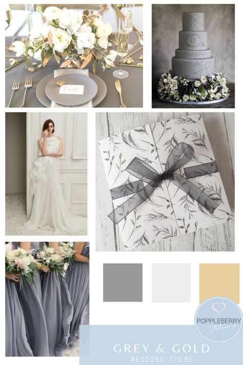 A collection of ideas and inspiration for a grey and gold themed wedding, with an accent of off white and clean simple lines. Stationery from www.etsy.com/uk/shop/Poppleberry Metallic Wedding Palette, Grey Wedding Theme Colour Palettes, Gray White And Gold Wedding Theme, Gray And Gold Wedding Theme, Grey And Gold Wedding Theme, Gray And Gold Wedding, Grey And Gold Wedding, Grey And White Wedding Theme, Grey Wedding