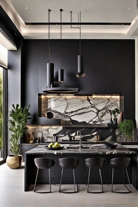 Dark Glamour Interior, Dark Elegant Kitchen, Dark Moody Kitchen Design, Modern Dark Dining Room, Unique Kitchen Cabinet Colors, Modern Black Kitchen Cabinets, Moody Cabinets, White Oak And Black Kitchen, Moody Modernism