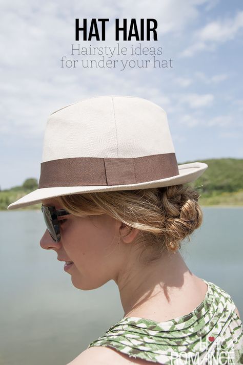 How to avoid hat hair and the best hairstyles to wear under a hat. Bucket Hat Hairstyles Medium Hair, Updos For Hats, How To Style Hair Under A Hat, How To Style Hair With Sun Hat, Hairstyle For Hats Summer, Pool Hair With Hat, Hair With Sunhat, Hair For Hats Style, Derby Hat Hairstyles