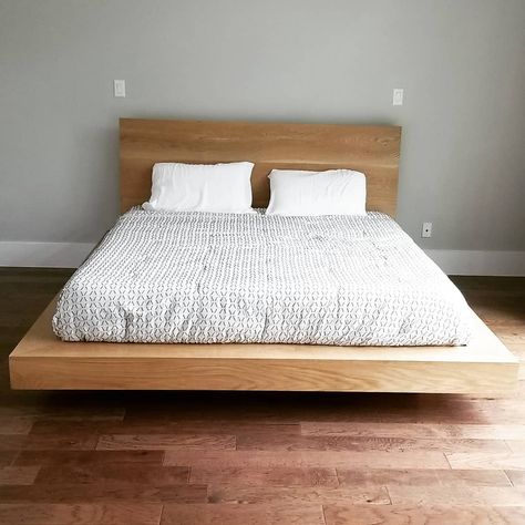 Wooden Floating Bed, Simple Wood Bed, Natural Wood Bed Frame Minimalist, Low Bed Ideas, Minimalist Bed Frame Wood Natural, Low Platform Modern Wooden Bed, Floating Timber Bed Base, Woodern Float Bed, Floating Bed Diy