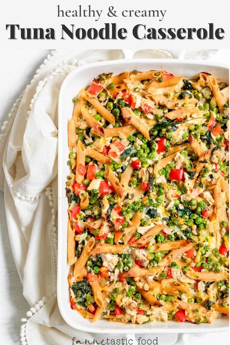 This healthy tuna casserole with vegetables and pasta is a lightened-up version of the classic, but with just as much (if not more) flavor! This is the perfect healthy comfort food dish for winter. This easy casserole recipe is easy, nutritious, and delicious - the whole family will love it! Healthy Tuna Casserole, Healthy Tuna Noodle Casserole, Tuna Noodle Casserole Recipe, Tuna Casserole Recipes, Noodle Casserole Recipes, Healthy Casserole Recipes, Healthy Tuna, Tuna Noodle, Tuna Noodle Casserole