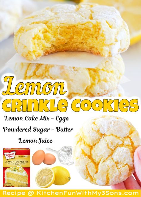 If you are looking for a light and delicious dessert, these Lemon Crinkle Cookies are perfect. They have the right amount of lemon flavor without being overly tart or sweet. Plus, the cake mix makes them incredibly fluffy and cuts down on prep! Crinkle Cookies Cake Mix, Lemon Cake Cookies, Lemon Cake Mix Recipe, Lemon Cake Mix Cookies, Recipes Unique, Crackle Cookies, Recipes Using Cake Mix, Moist Lemon Cake, Crinkle Cookies Recipe