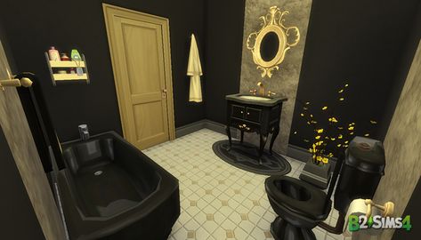 A dark and dramatic statement bathroom, as seen in my High Ashville build. #b2sims #sims4 #ts4 #sims4gallery #sims4rooms #bathroom #blackandgold #darkbathroom #smallbathroom #godiva Statement Bathroom, Goth Bathroom, Sims 4 Interior, Masculine Bathroom, Bathroom Stall, Dark Bathrooms, Bathroom Dimensions, Portuguese Tiles, Hexagon Tiles