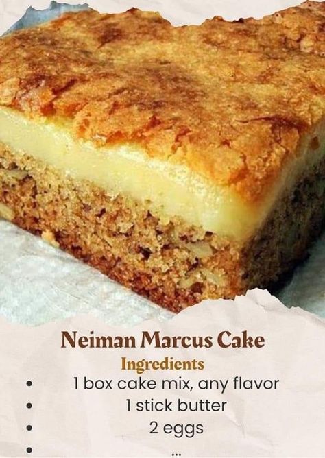 Ina Garten Cooking | Neiman Marcus Cake | Facebook Neiman Marcus Cake, Boxed Cake Mixes Recipes, Cake Mix Desserts, Stick Butter, Cake Bars, Box Cake Mix, Köstliche Desserts, Cake Mix Recipes, Almond Cakes