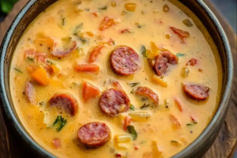 Cheesy Rotel Soup with Smoked Sausage Rotel Soup, Smoked Sausage Soup, Soup With Smoked Sausage, Winter Sets, Rotel Tomatoes, Hearty Soup, Sausage Soup, Cheese Serving, Smoked Sausage