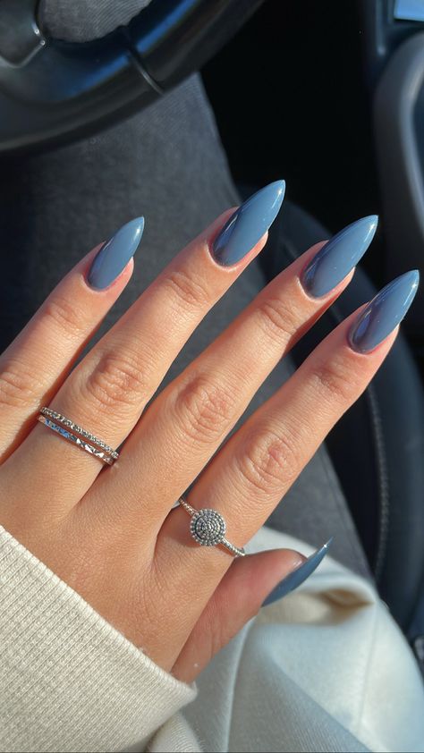 Blue Gray Nails Acrylic Almond, Sky Blue Almond Acrylic Nails, Nailpolish Trend 2023, Prom Nails Acrylic Classy Blue, Slate Blue Acrylic Nails, Nail Designs For Blue Dress, 2024 Color Of The Year Nails, Matte Dusty Blue Nails, Steel Blue Nails Acrylic