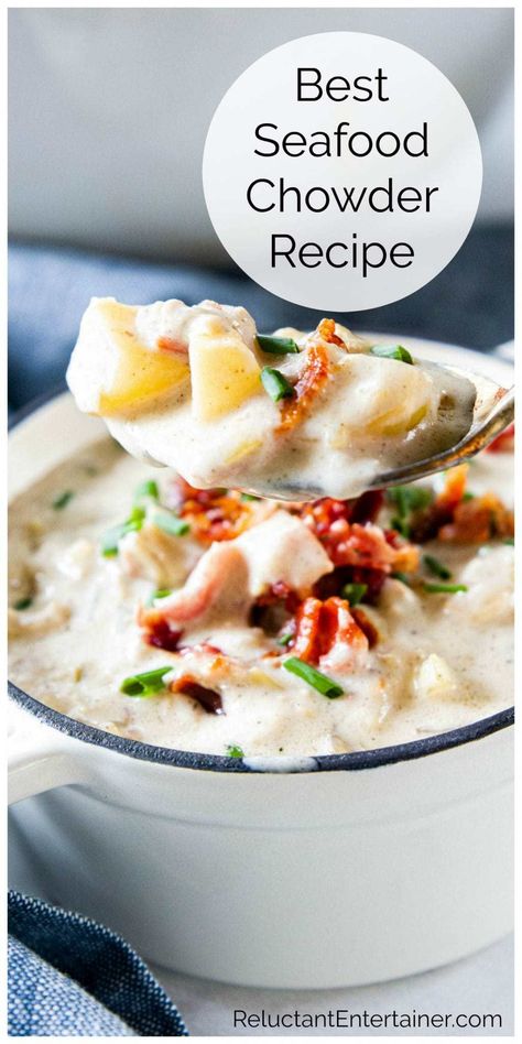 Best Seafood Chowder Recipe is made with shrimp, clams, and crab meat; a delicious, creamy "chowdah" bursting with flavor! #seafoodchowder #chowder #reluctantentertainer #chowdah #bestclamchowder #bestseafoodchowder Seafood Potluck Ideas, Bouillabaisse Recipe Seafood, Seafood Chowder Recipe Creamy, Clam Chowder Recipe New England, Best Seafood Chowder Recipe, Portuguese Steak, Fish Chowder Recipe, Seafood Chowder Recipe, Shrimp Chowder