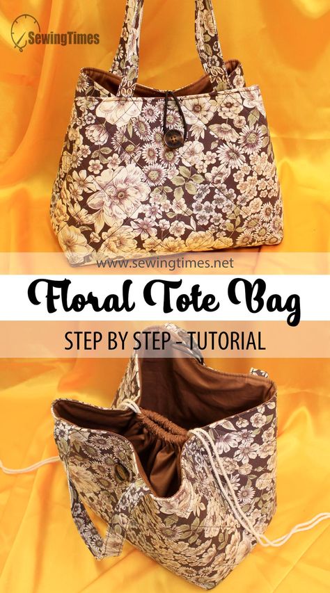 DIY FLORAL TOTE BAG | DrawString Pocket Handbag Sewing Tutorial [sewingtimes] Drawstring Handbag Pattern, Drawstring Tote Bag Pattern, Drawstring Purse Pattern, Free Handbag Sewing Patterns, Diy Handbags And Purses, Sew Tote Bag With Pockets, Bag With Pockets Pattern, Free Tote Bag Patterns With Pockets, Sewingtimes Tutorials