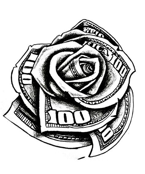 Money And Time Tattoo, Crip Tattoos Designs, Money Rose Tattoo Stencil Outline, Money Rose Drawing, Money Roll Tattoo Design, Rose Money Tattoo, Money Rose Tattoo Stencil, Money Bag Tattoo Design, Money Bag Tattoo On Hand