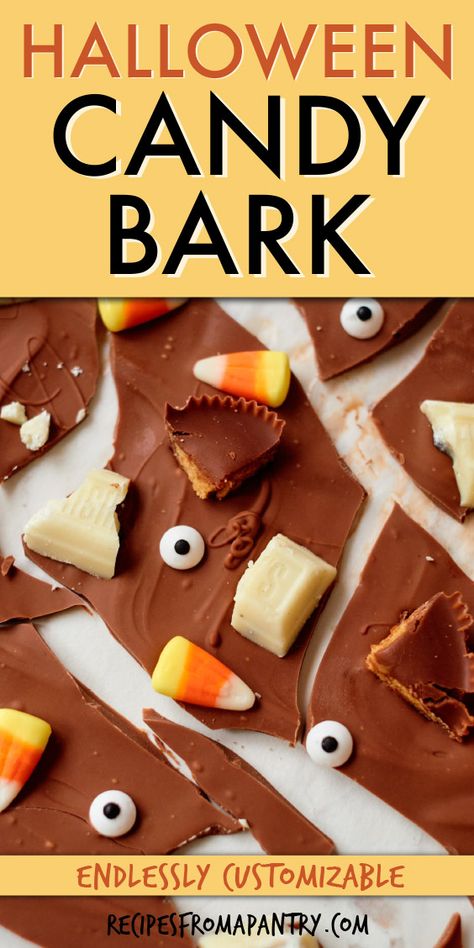 Halloween Chocolate Bark, Halloween Toffee Bark, Halloween Candy Bark Recipes, Halloween Leftover Candy Recipes, Halloween Bark Candy White Chocolate, Halloween Candy Bark, Chocolate Bark Recipe, Food Types, Chocolate Festival