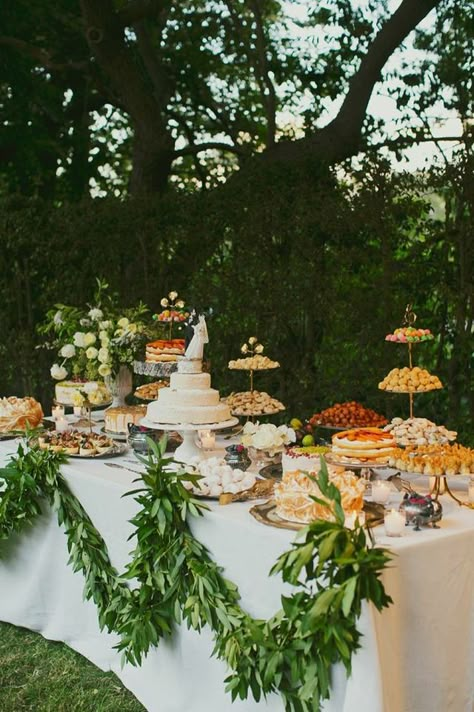 Styling a Dessert Table | Sugar Euphoria Outdoor Wedding Foods, Wedding Reception Food Buffet, Wedding Dessert Table Ideas, Greenery Wedding Ideas, Rustic Dessert Table, Wedding Food Table, Wedding Food Display, Dessert Table Ideas, Wedding Table Setup