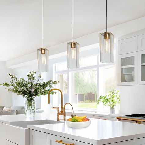 Elegant Gold 1-Light Modern Water Rippled Glass Kitchen Island Pendant Light for Dining Room - 5"W x 13.5"H - On Sale - Bed Bath & Beyond - 36061401 Transitional Island Pendants, Kitchen Island Lighting Ideas Modern, Island Lights Kitchen Pendant, Cabinet Color Schemes, 2 Pendant Lights Over Island, Brass Kitchen Light Fixtures, Modern Pendant Lighting Kitchen Island, Kitchen Lights Over Island, Kitchen Lighting Ideas Over Island