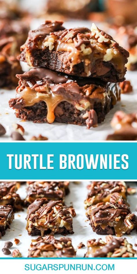 Topped with caramel, pecans, and chocolate, these turtle brownies are oh so decadent! My version uses an easy homemade caramel for the best results. Easy Turtle Brownies, Caramel Turtle Brownies, Homemade Turtle Brownies, Brownie Recipes With Caramel, Turtle Brownies From Scratch, Turtle Brownies With Box Mix Recipe, Chocolate Turtle Cake Recipe, Caramel Pecan Brownies, Turtle Fudge Recipe