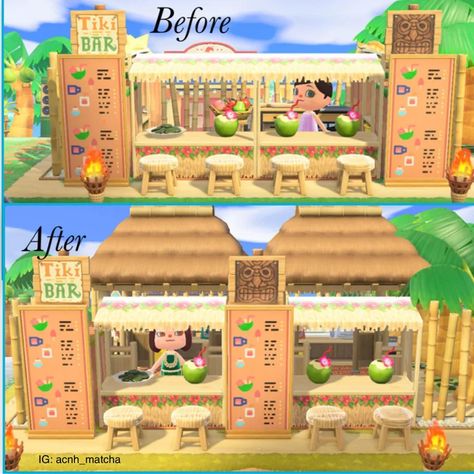 Acnh Tiki Bar Ideas, Acnh Tiki Stall Design, Acnh Beach Ideas Tiki Bar, Animal Crossing Tiki Bar Ideas, Animal Crossing Island Inspiration Tropical, Acnh Tiki Bar Design Code, Beach Cafe Acnh, Animal Crossing Beach Bar, Acnh Tiki Bar Design