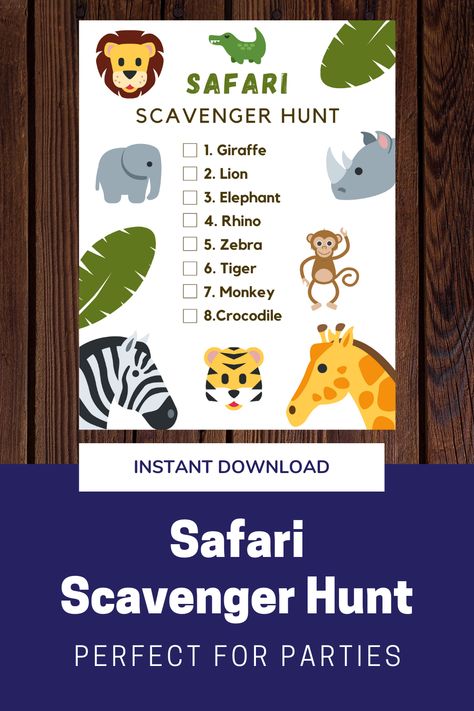 Hide toys or printed pictures and let kids check them off on this fun Safari Scavenger Hunt. Wild One Activities, Safari Themed Party Games, Safari Theme Games, Safari Birthday Party Activities, Jungle Birthday Party Games, Safari Themed Activities For Kids, Safari Scavenger Hunt, Safari Themed Games, Animal Themed Party Games