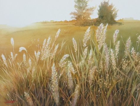 Abe Toshiyuki watercolor of golden wheat grass and field  #watercolor #realism #paintings Easy Nature Paintings, Canvas Art Painting Acrylic, Grass Painting, Acrylic Painting Inspiration, Art Nouveau Flowers, Diy Canvas Wall Art, Spray Paint Art, Fall Watercolor, 수채화 그림