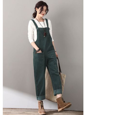 "The womens classic corduroy overalls with baggy straight leg fit. Traditional style with two pockets in front.  ★★Feature 60% Cotton, Corduroy Medium Weight，Comfortable, Breathable Suit for Spring,Autumn, Winter Fabric swatch https://etsy.me/3rDEGCJ Size Chart https://etsy.me/3skS1Aq More Overalls /Jumpsuits From Ylistyle https://etsy.me/3B2exkH ★★ Model size Height approx 170 cm (5′ 7″) Bust 84 cm (33\")  Waist 66 cm (26\") waist.  She wears size XS ★★Bespoke Order Service If you Request other Coveralls Women Fashion, Womens Overalls Outfits, Winter Jumpsuit Outfit, Custom Jumpsuit, Retro Trousers, Womens Overalls, Overalls Casual, Cute Overalls, Overalls Outfit