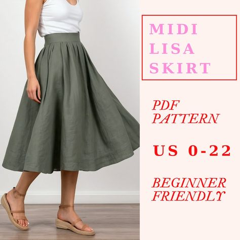 The midi lisa skirt pdf sewing pattern is  a must have for your sewing projects. With this pattern, you can create  beautiful midi circle skirt that is gathered on the waistline and with a large waistband suitable for any season due to the high range of fabrics that you can use. This full gathered circle skirt sewing pattern is beginner-friendly. It includes detailed sewing instructions to ensure that everyone can easily follow along. This easy sewing pattern is available in 12 sizes, from US 0 Jersey Knit Skirt Pattern, High Waisted Skirt Pattern Free, Wool Circle Skirt, Bell Skirt Pattern, Full Circle Skirt Pattern, 50s Skirt Pattern, Maxi Skirt Pattern Free, Simple Skirt Pattern, Easy Circle Skirt