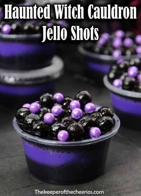 haunted-witch-cauldron-shot-2 Witches Brew Jello Shots, Purple Jello Shots Recipe, Cauldron Dessert, Halloween Jell-o Shots, Witch Themed Food, Purple Foods For Party, Jelly Aesthetic, Halloween Jello Shots, Halloween Jello