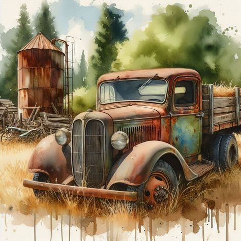 Farm Truck Painting, Old Truck Paintings, Old Farm Truck, Truck Images, Abstract Painting Acrylic Modern, Old Truck, Old Pickup Trucks, Farm Art, Scenery Pictures