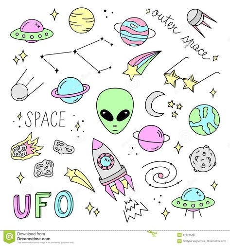 Cute Outer Space Vector Objects And Writings Stock Vector - Illustration of object, isolated: 119191257 Planet Doodles Solar System, Cute Star Doodles, Cute Planet Drawings, Solar System Doodle, Ufo Doodle, Galaxy Doodles, Draw Space, Galaxy Drawing, Outer Space Drawing