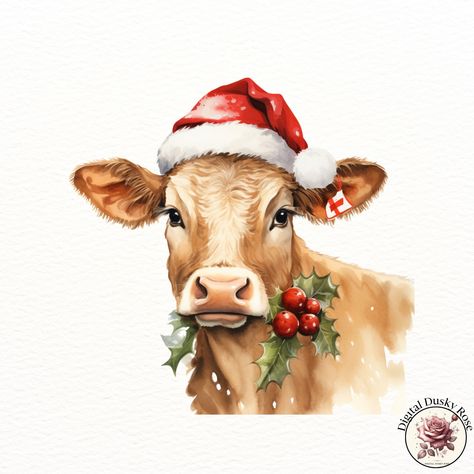 Watercolor Christmas Cow Clipart: Greenery and Floral Festive Wreath for Holiday Crafts and Decor https://digitalduskyrose.etsy.com/listing/1803104161 Add rustic holiday charm to your seasonal projects with our Watercolor Christmas Cow Clipart! This beautifully illustrated Christmas cow is adorned with a festive greenery and floral wreath, perfect for creating unique Christmas cards, scrapbooking layouts, holiday invitations, and cozy farmhouse decor. Capture the joy of the season with this... Christmas Cow Art, Christmas Illustration Animals, Cow Christmas Painting, Christmas Cow Drawing, Christmas Cow Pictures, Cow Painting Cute, Christmas Watercolours, Cozy Farmhouse Decor, Cow Watercolor