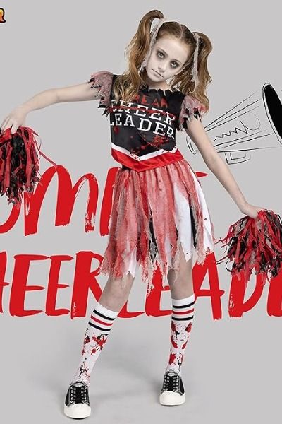 uper Value Pack: This zombie cheerleader costume set includes 1 black and red top, 1 skirt, 2 hair ties, 2 pompoms, and 1 pair of socks. Transform into a spooky and undead cheerleader with this dark zombie cheerleader costume.
Quality: Crafted from 100% polyester and safety test approved materials, this dark red dress ensures durability, comfort, and an enchanting look. The high-quality fabric will keep you comfortable while you cheer on. Dead Cheerleader Costume, Halloween Cheerleader Costume, Cheerleader Costume Kids, Halloween Cheerleader, Zombie Cheerleader Costume, Adult Dinosaur Costume, Girls Cheerleader Costume, Animal Costumes For Kids, Kids Dinosaur Costume