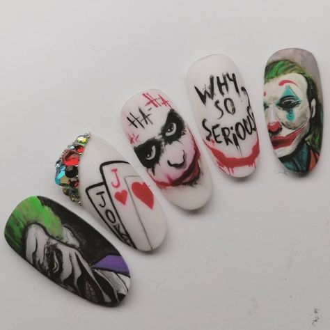 Joker Nails Designs Art, Joker Nail Ideas, The Joker Nails Designs, Joker Halloween Nails, Joker Acrylic Nails, Joker Themed Nails, Joker And Harley Quinn Nails, Joker Nails Acrylic, Joker Inspired Nails