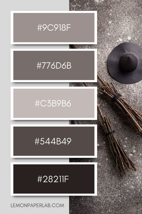 Halloween Hallows Color Scheme Idea Brown And Grey Color Palette, Brown Grey Paint, Taupe Color Palettes, Ash Brown Color, Halloween Color Palette, Brown Paint Colors, Dusty Gray, Color Palette Ideas, Halloween Color