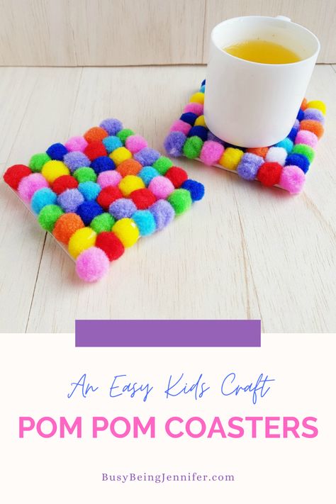 With just a few supplies from around the house you can make these sweet DIY pom pom coasters. They're perfect for gifting! Pom Pom Coasters Diy, Diy Kids Crafts To Sell, Coaster Crafts For Kids, Market Day Ideas For Kids, Kids Market Day Ideas For School, Pom Pom Crafts To Sell, Diy Coasters Easy, Pom Pom Crafts Diy, Fun Diy Crafts For Teens