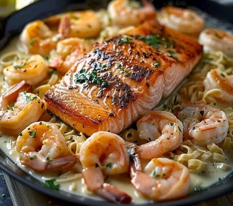 Giada De Laurentiis 🍕🍜 | Salmon and Shrimp Alfredo 😋 | Facebook Salmon And Shrimp Alfredo Pasta, Salmon And Shrimp Alfredo, Shrimp And Salmon Recipes, Best Salmon Recipe, Shrimp Alfredo, Salmon And Shrimp, Shrimp Dinner, Tastemade Recipes, Lobster Recipes