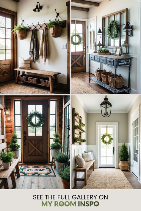 Explore a collection of 4 images showcasing unique entryway styles that merge charm and farmhouse decor. Perfect ideas for anyone wanting to enhance their living space invitingly. Farmhouse Style Hallway, Decor By Front Door Inside, Entryway Ideas With Plants, Entry Way Ideas Farmhouse, Farmhouse Entrance Entryway, Boho Farmhouse Entryway, Farmhouse Entryway Ideas With Bench, Industrial Entryway Ideas, Modern Farmhouse Entryway Ideas