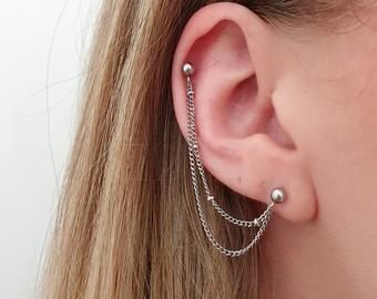 Helix to lobe chain | Etsy Hypoallergenic Earrings Sensitive Ears, Helix Chain, Cartilage Earrings Chain, Chain Piercing, Cartilage Chain, Piercing Chain, Star Cartilage Earring, Second Hole Earrings, Double Ear Piercings