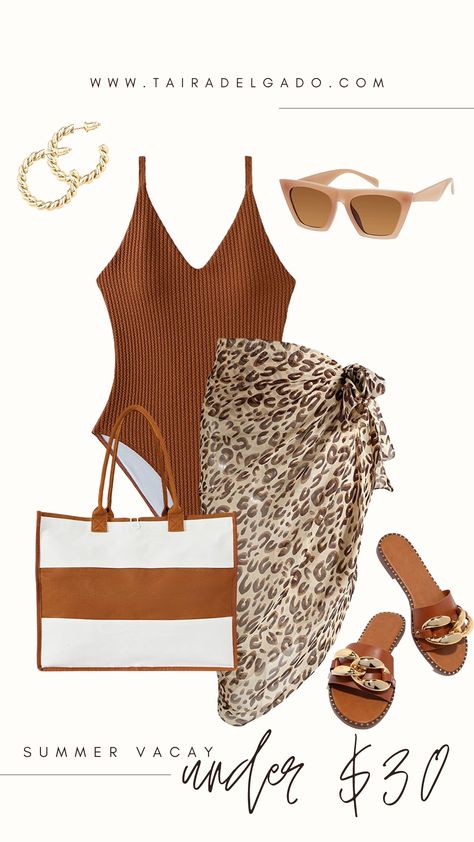 Clothes For The Beach Vacation Outfits, Fancy Beach Dinner Outfit, Safari Honeymoon Outfit, Barbados Outfits Summer, Holiday Outfits Summer Mid Size, Resort Chic Outfit, Brown Swimsuit Outfit, Jamaica Resort Outfits, Dinner At The Beach Outfit