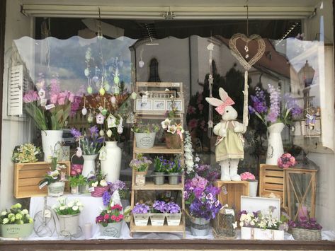 Spring Flower Shop Window Display, Florist Shop Interior Window Displays, Window Displays Retail Store Fronts Spring, Spring Store Front Windows Display Ideas, Easter Shop Window Displays, Easter Store Window Display, Bakery Window Display, Florist Window Display, Easter Window Display