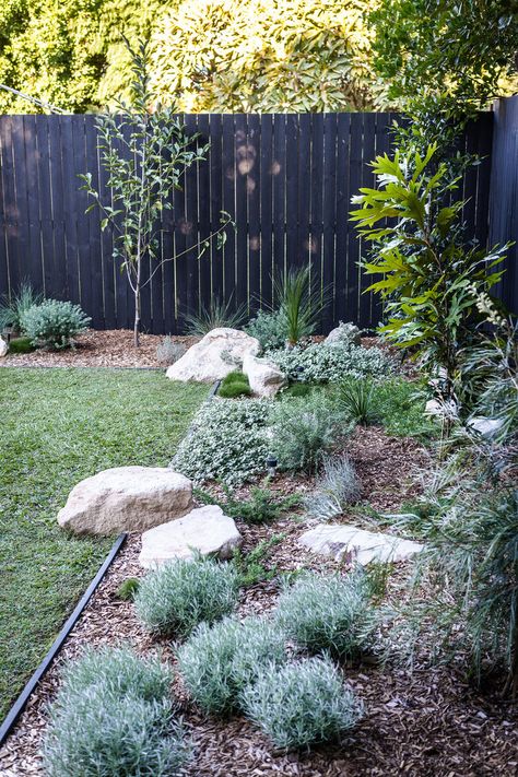 Simple Australian Garden, Aussie Backyard Ideas, Backyard Native Garden, Australian Landscaping Ideas, Australian Native Backyard Garden Design, Fakahatchee Grass Landscaping, Australia Front Yard Landscaping, Backyard Boulder Landscaping, New Jersey Landscaping Ideas