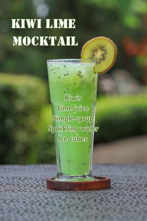 A Kiwi Lime Mocktail garnished with kiwi and lime slices, offering a tangy and sweet refreshment. Green Mocktails Non Alcoholic, Kiwi Mocktail, Easy Winter Cocktails, Tequila Mockingbird, Lime Rickey, Spritzer Recipes, Basil Lemonade, Rum Cocktails, Mocktail Recipes