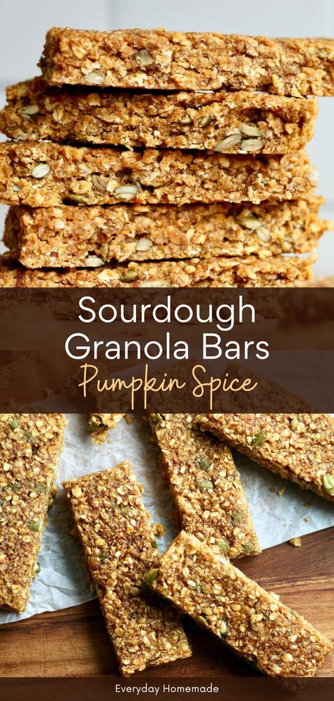 Looking for a quick and easy fall snack idea? Try these soft and chewy Pumpkin Spice Sourdough Granola Bars! Made with sourdough starter discard, this same-day recipe is perfect for back-to-school lunches or a healthy homemade treat. Baked with warm pumpkin spice and pumpkin puree, these granola bars are a delicious way to enjoy the flavors of fall. Sourdough Pumpkin Bars, Pumpkin Sourdough Discard Recipes, Sourdough Discard Granola Bars, Sourdough Granola Bars, Healthy Granola Bars Homemade, Sourdough Pumpkin Recipes, Granola Bars Homemade Healthy, Fall Sourdough Recipes, Fall Sourdough