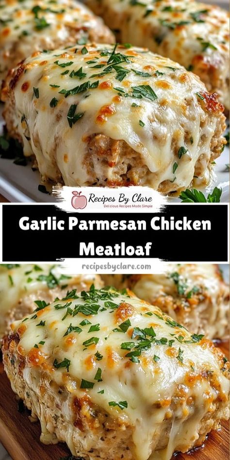 This Garlic Parmesan Chicken Meatloaf is packed with savory herbs, melted cheese, and minced garlic for a comforting twist on the classic. Topped with extra mozzarella, it’s perfect for a delicious dinner!  Ingredients:  1.5 lbs ground chicken ½ cup grated Parmesan cheese ½ cup shredded mozzarella cheese 3 cloves garlic, minced This cheesy, herb-infused meatloaf is the ultimate comfort food, packed with flavor in every bite! Chicken Parmesan Meatloaf, Ground Chicken Meatloaf, Chicken Meatloaf, Dinner Ingredients, Lazy Dinners, Ground Chicken Recipes, Garlic Parmesan Chicken, Comfort Food Recipes Dinners, Parmesan Chicken