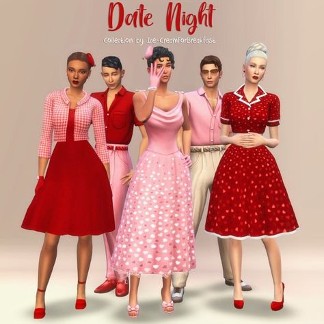 Sims 4 1950s Cc Clothes, Sims 4 Dresses Cc Maxis Match, Sims 4 Valentines, Themed Date Night, Sims 4 Decades Challenge, 50th Clothes, Pelo Sims, Sims 4 Cc Folder, Eva Dress