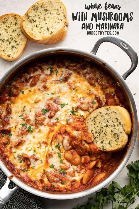 White beans make a fiber-filled swap for gnocchi in this cheesy, indulgent skillet full of white beans, mushrooms, and marinara. Budget Bytes, White Bean, Calamari, Meatless Meals, Bean Recipes, White Beans, Tortellini, Roasted Vegetables, Marinara