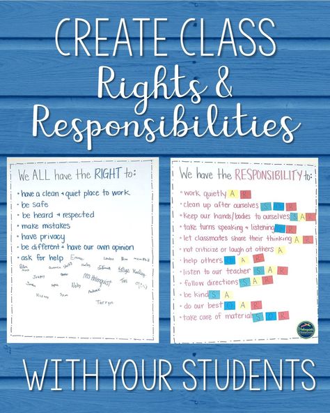 Creating Rights and responsibilities with your students at the beginning of the year is an amazing way to create a classroom community as well as establish classroom norms.  This a great addition to any classroom management plan. Creating Classroom Rules With Students, Rights And Responsibilities Grade 2, Rights And Responsibilities Activities, Class Promise, Classroom Norms, Effective Classroom Management, Classroom Management Plan, Building Classroom Community, Classroom Procedures