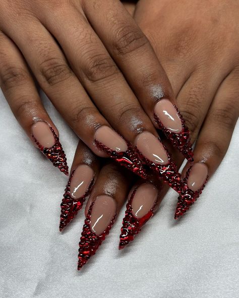 Red Diamond Frenchies ❤️💎 • • • Apres Natural Stiletto Long • • • #nails #nailsnailsnails #nailsofinstagram #nailsbyavryl #gelx #gelxnails #gelxnailtech #explorepage #frenchtipnails #diamondnails #stilettonails Burgundy Stiletto Nails, Holiday Fingernails, Dark Red Stiletto Nails, Red Nails With Gems, Red Stiletto Nails, Stilleto Nails Designs, Long Fingernails, Stiletto Nails Designs, Almond Acrylic Nails