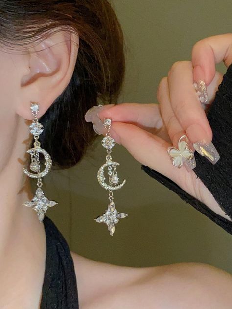 Rhinestone Moon & Star Drop Earrings Silver    Zinc Alloy     Women Fashion Jewelry, size features are:Bust: ,Length: ,Sleeve Length: Jewlrey Aesthic Silver, Xoxo Jewelry, Moon Accessories, Star Drop Earrings, Pretty Jewelry Necklaces, Dance Jewelry, Fashion Eye Glasses, Jewelry Accessories Ideas, Classy Jewelry