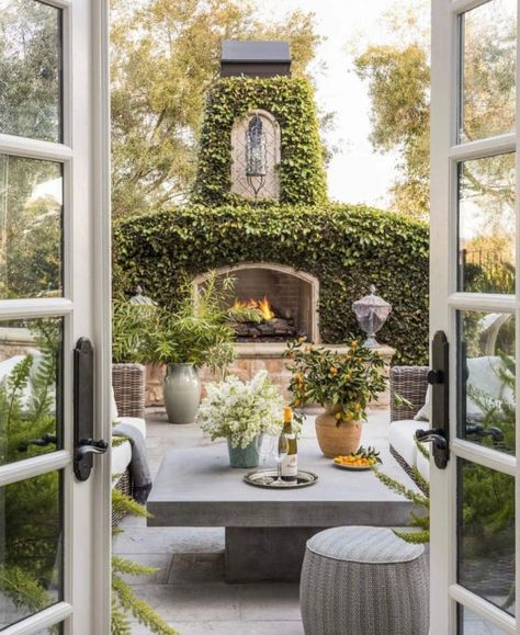 European Backyard, Modern Cocktail Tables, Modern Cocktail, Outdoor Fireplace Patio, Backyard Fireplace, Kitchen Patio, Hill Interiors, Outdoor Inspirations, Sweet Summer