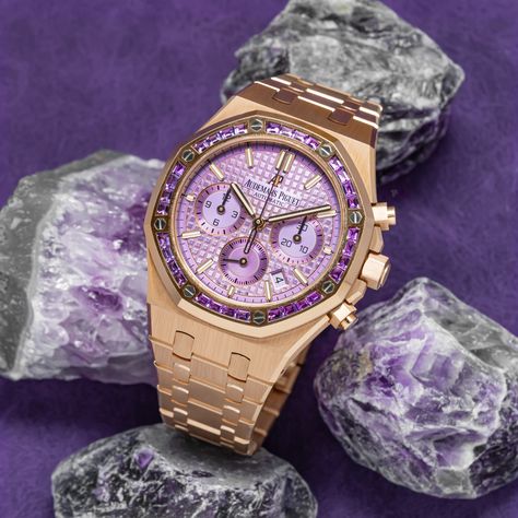 Precious Stones. Amethyst 💎💜  Audemars Piguet Royal Oak Chronograph Rose Gold Baguette Diamond Bezel Purple Index Dial  REF: #26319OR Audemars Piguet Royal Oak Rose Gold, Ap Royal Oak Chronograph, Piguet Watch, Sci Fi Clothing, Purple Watch, Fancy Watches, Nice Jewelry, Mens Fashion Watches, Expensive Jewelry