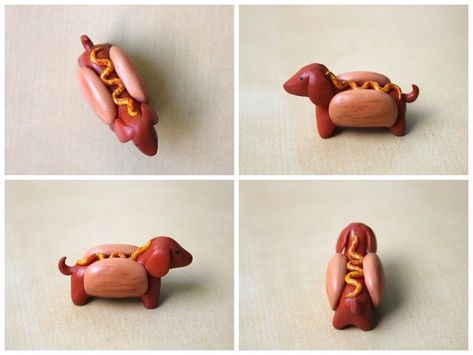 Weiner Dog Clay, Clay Hot Dog, Dog Sculpture Clay Easy, Dog Clay Art, Fimo Dog, Clay Crafts Animals, Air Dry Clay Dog, Clay Dog Easy, Clay Animals Sculpture