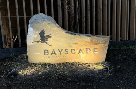 Stone Signage Outdoor, Stone Signage Design, Stone Signage, House Number Ideas Outdoor, Entrance Signage, Illuminated Signage, Park Signage, Cardiff Bay, Bar Signage